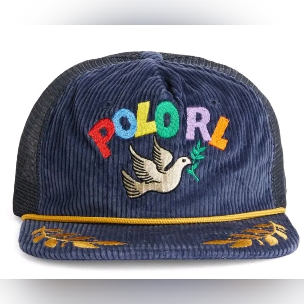 Polo Ralph Lauren Navy Corduroy PEACE LOVE DOVE Trucker Baseball Cap Hat - Picture 2 of 9